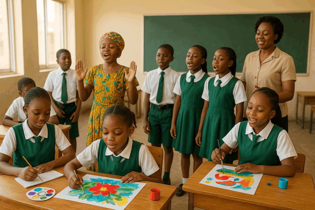 Nigerian students at Verbum Dei Schools in Owerri engaged in creative arts, with some painting colorful artwork, others performing in a school play, and a small choir singing under teacher guidance in a vibrant classroom setting.