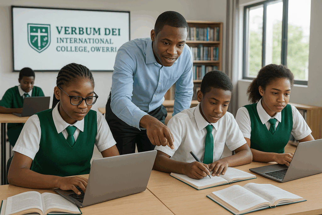 Nigerian secondary school students at Verbum Dei International College engaged in research and teamwork in a modern tech-driven classroom, using laptops, textbooks, and notebooks with teacher guidance.