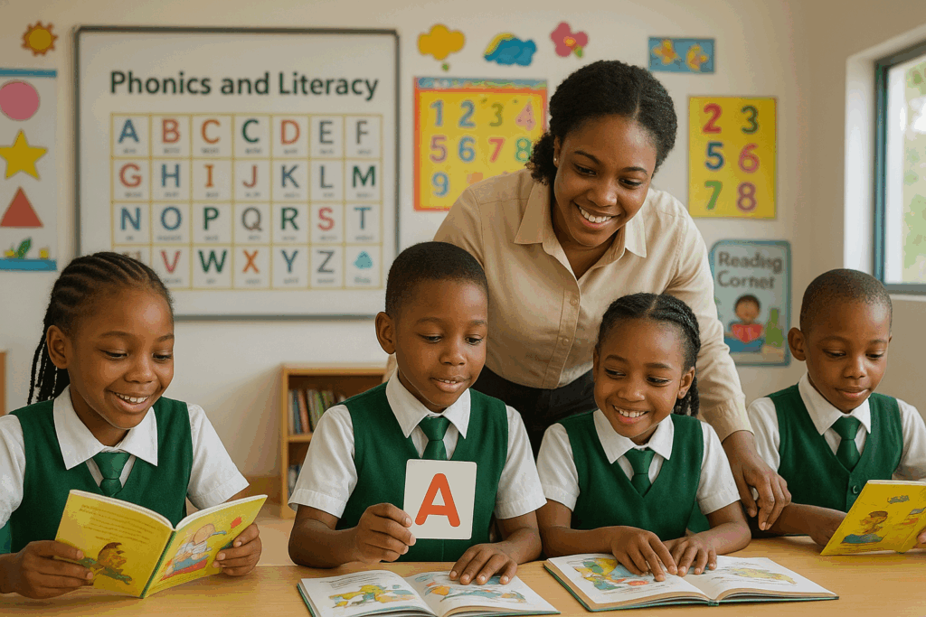 Young Nigerian pupils at Verbum Dei Academy engaged in a phonics and literacy lesson, reading colorful storybooks and practicing with flashcards while a smiling teacher guides them in a bright, child-friendly classroom decorated with educational posters.