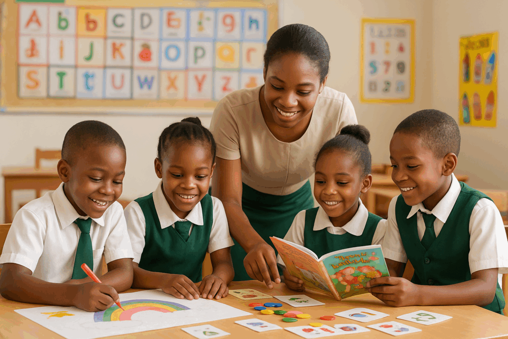 Young Nigerian pupils at Verbum Dei Academy working together on a group art project and storytelling activity, guided by their teacher in a bright, colorful classroom.
