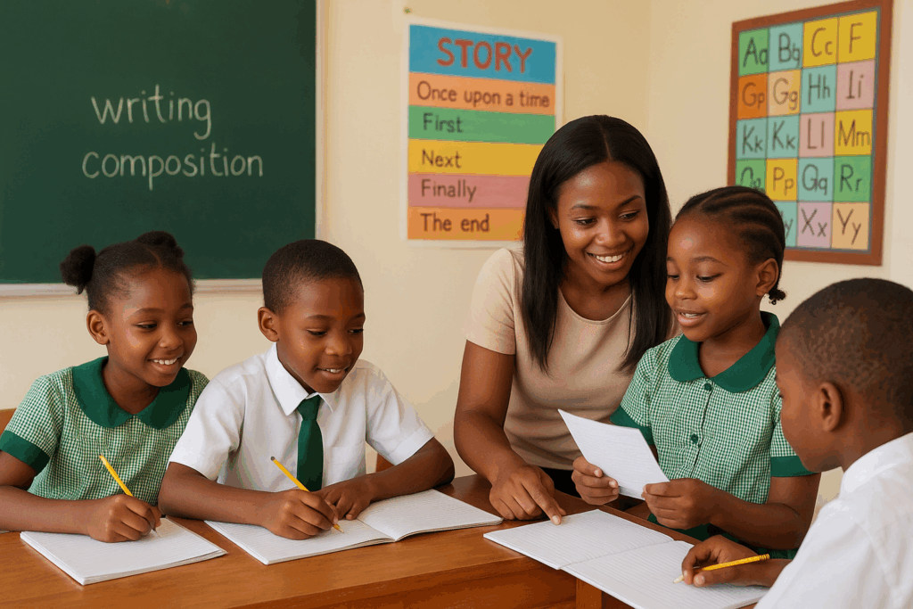 Nigerian primary school pupils at Verbum Dei Academy engaged in a writing activity, with some writing in notebooks and others sharing short stories, guided by a smiling teacher in a colorful classroom decorated with learning charts.