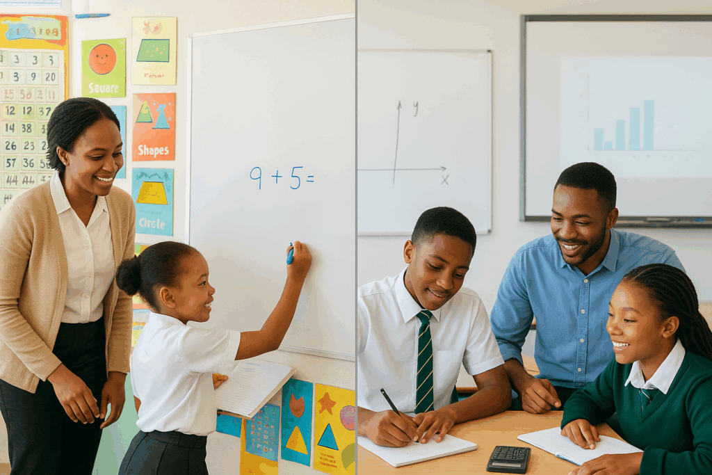 Side-by-side classroom scenes showing Nigerian pupils at Verbum Dei Academy solving math problems with their teacher, and secondary students at Verbum Dei International College working on algebra and geometry with calculators and notebooks in a modern classroom.