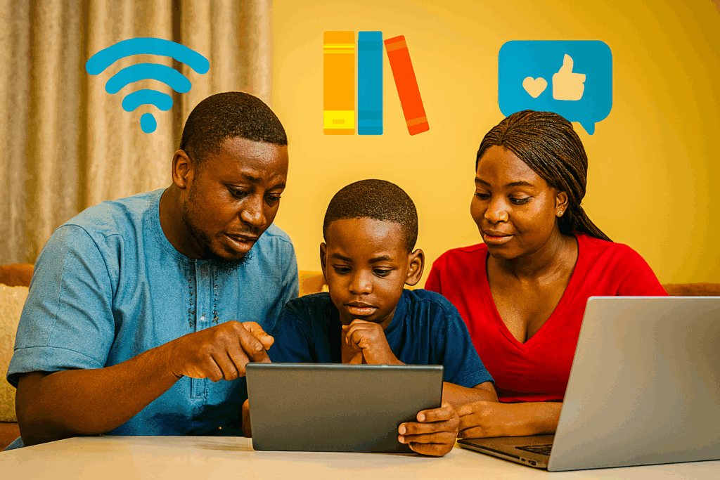 Parents guiding their child on safe and responsible technology use with a tablet and laptop, symbolizing digital parenting at Verbum Dei.