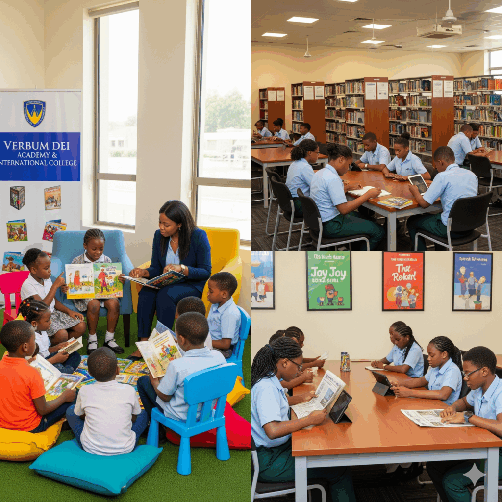 a professional, realistic photo of Nigerian pupils and students at Verbum Dei Academy and International College engaged in joyful reading activities.