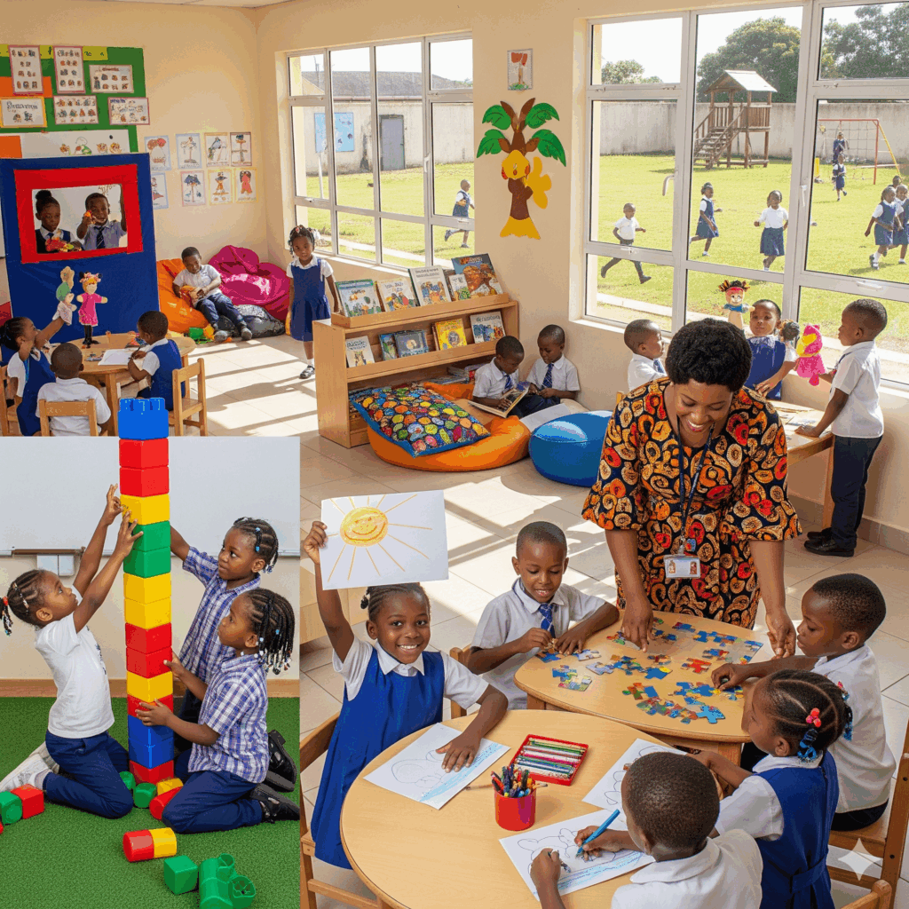 Nursery and primary pupils at Verbum Dei Academy, Owerri, Nigeria, learning through play with blocks, art, storytelling, and outdoor activities in a bright classroom.