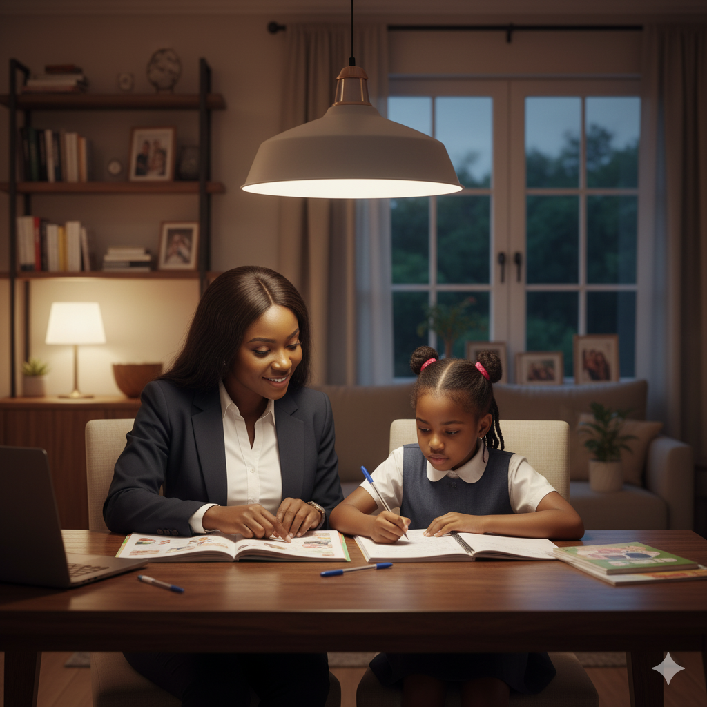 Photorealistic image of a Nigerian student studying at a tidy desk with parental support, symbolizing effective study habits for academic success.