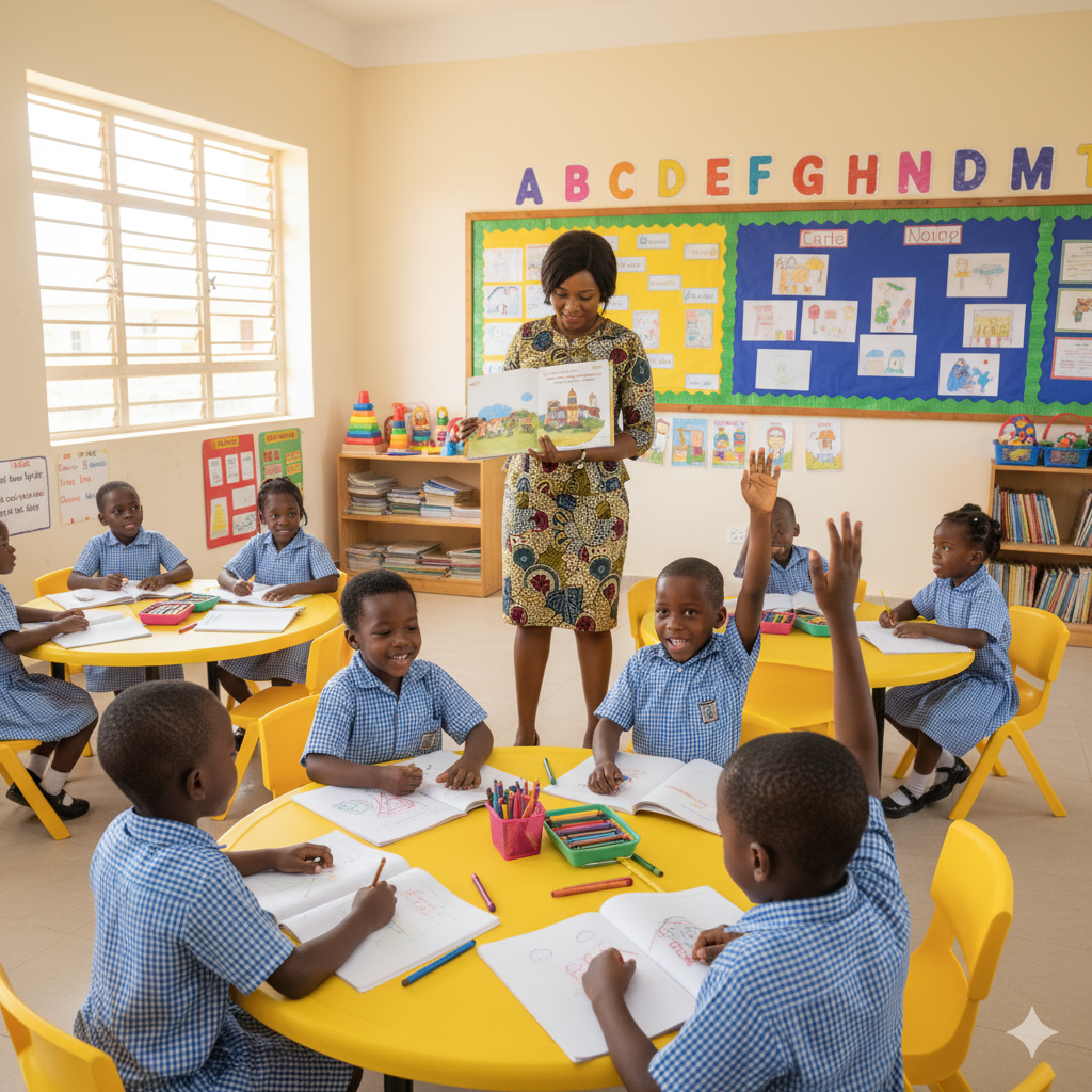 Photorealistic image of a Verbum Dei teacher managing a classroom with engaged students, showing structure, respect, and interactive learning.