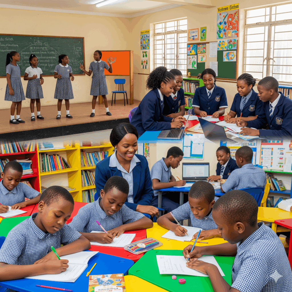 a professional photo of Nigerian students at Verbum Dei Academy and International College engaged in creative expression.