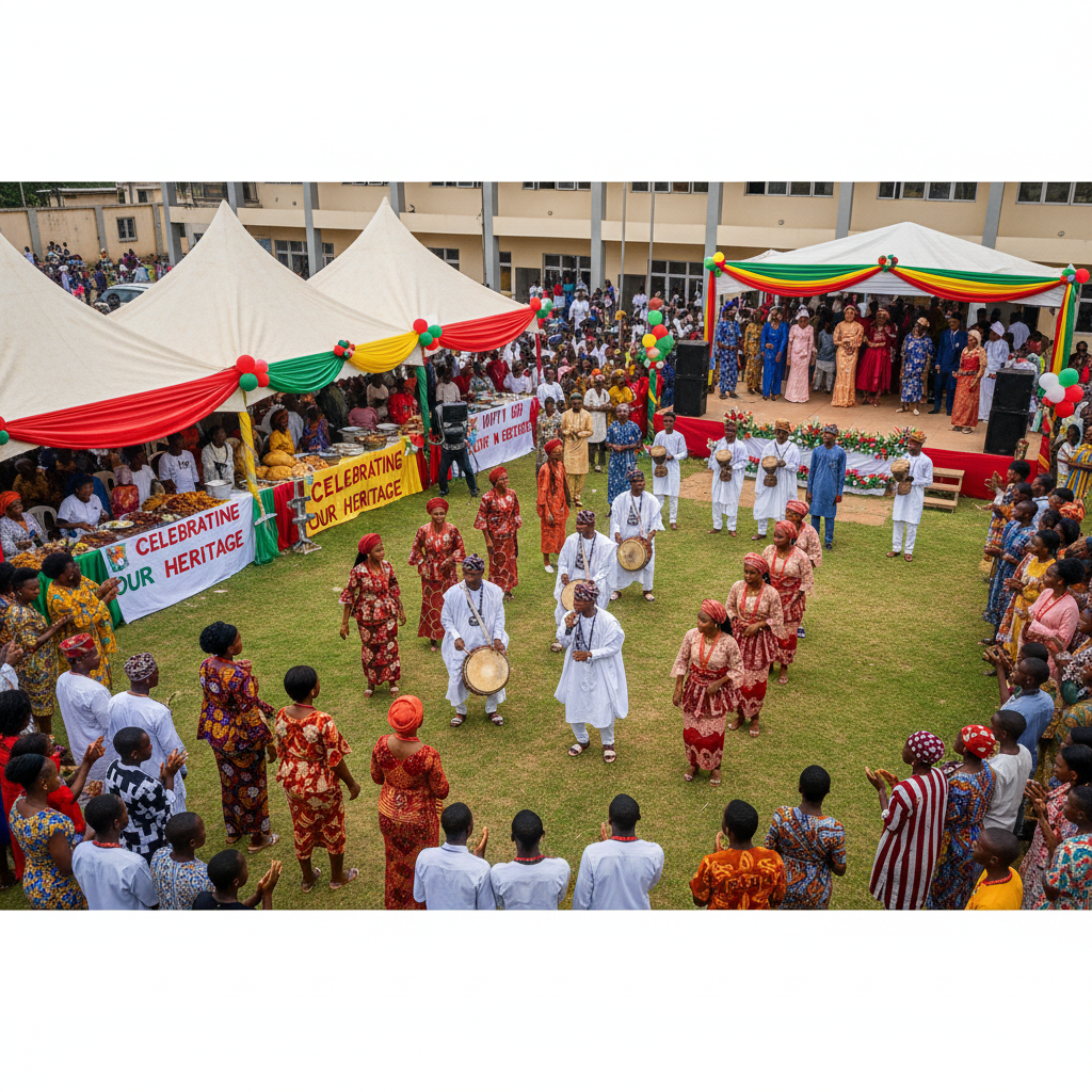 Photorealistic image of Verbum Dei Cultural Day with students in traditional Nigerian attire, cultural dances, food exhibitions, and parents celebrating diversity.