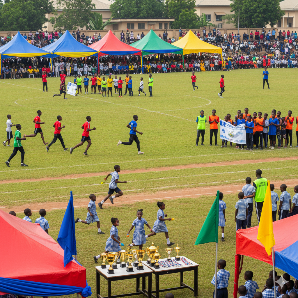 Photorealistic image of Verbum Dei Inter-House Sports Day showing pupils in colorful house uniforms racing, secondary students competing in athletics, parents cheering in the stands, and teachers guiding as coaches and referees in a festive, united atmosphere.