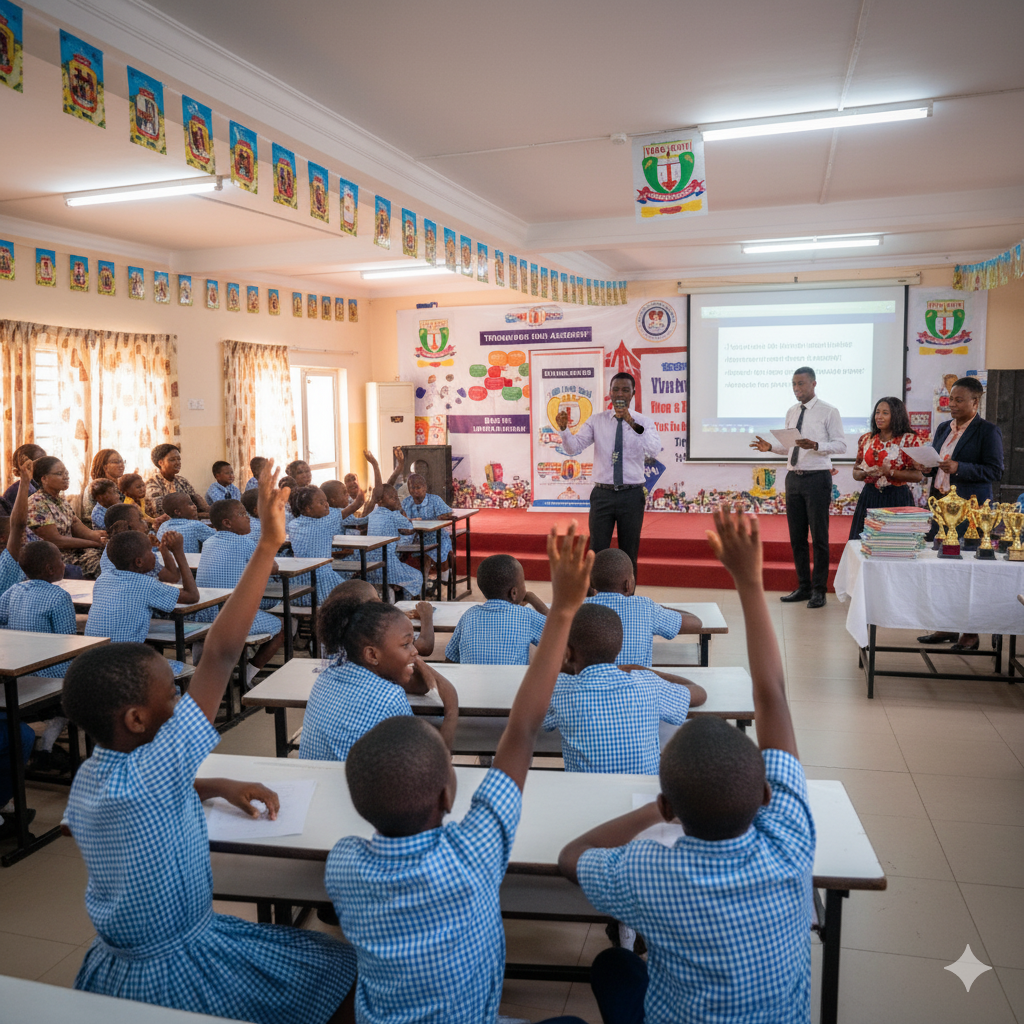 Photorealistic image of pupils at Verbum Dei Academy participating in a quiz competition with a moderator, cheering audience, and excited students working in teams.