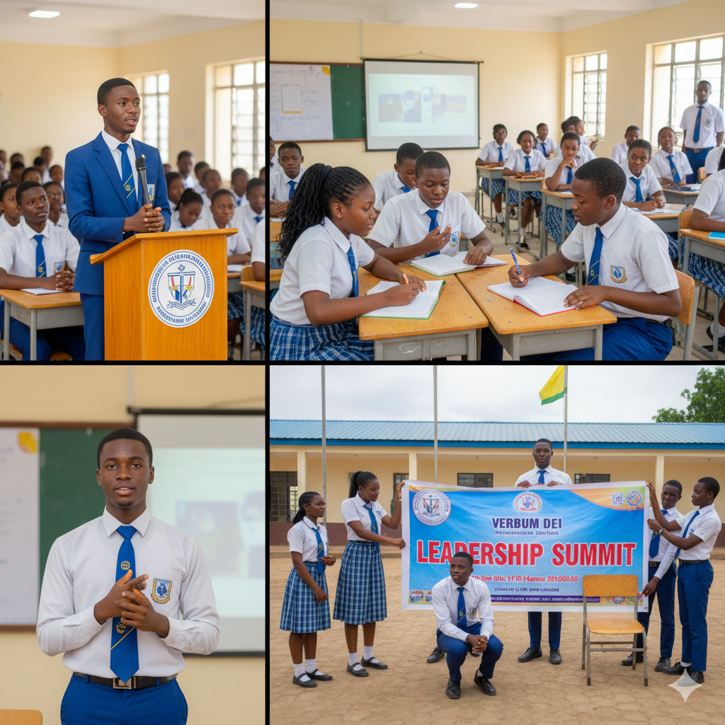 Verbum Dei International College students developing leadership skills through prefect duties, debates, and teamwork activities