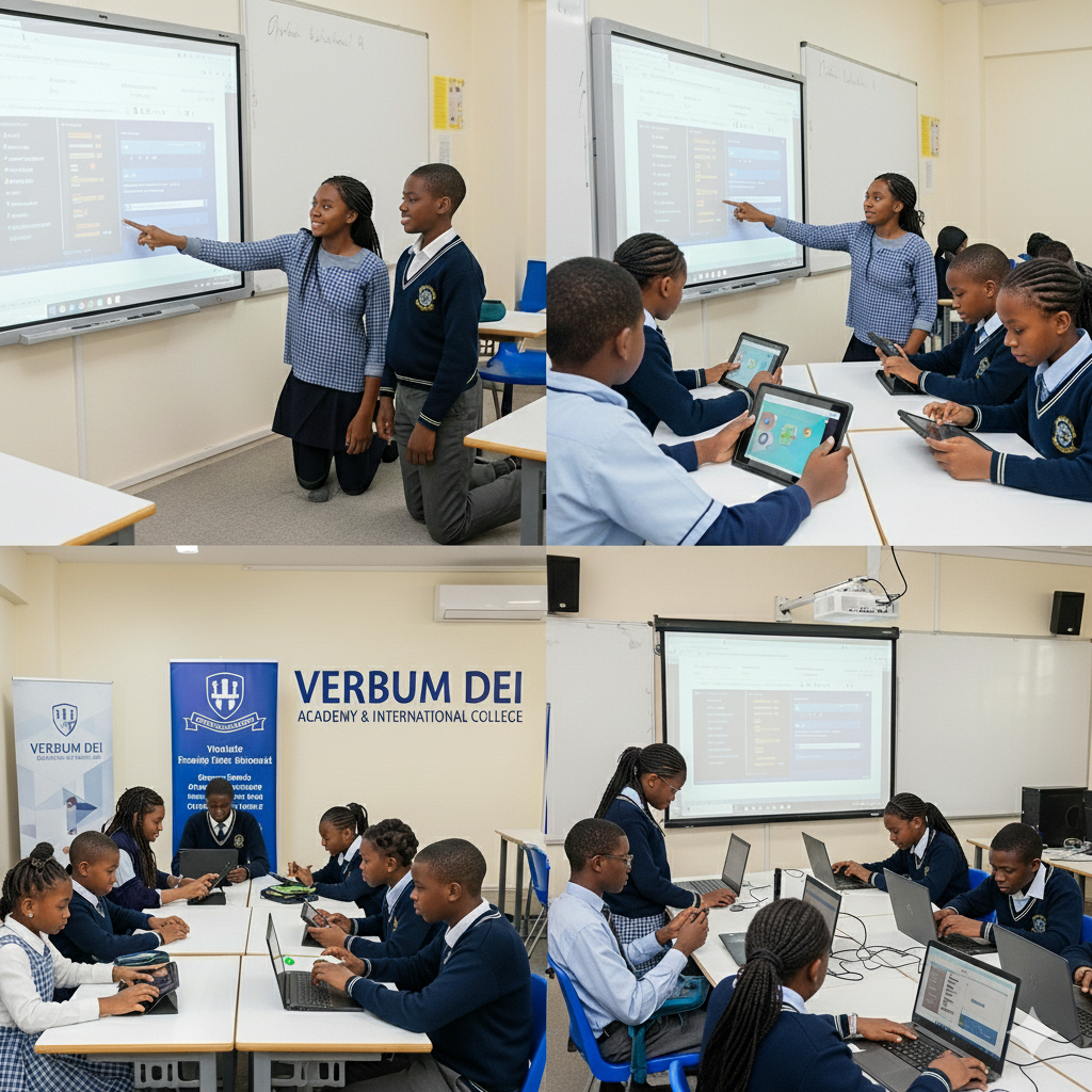 a professional, realistic photo of Nigerian pupils and students at Verbum Dei Academy and International College using digital technology in classrooms.