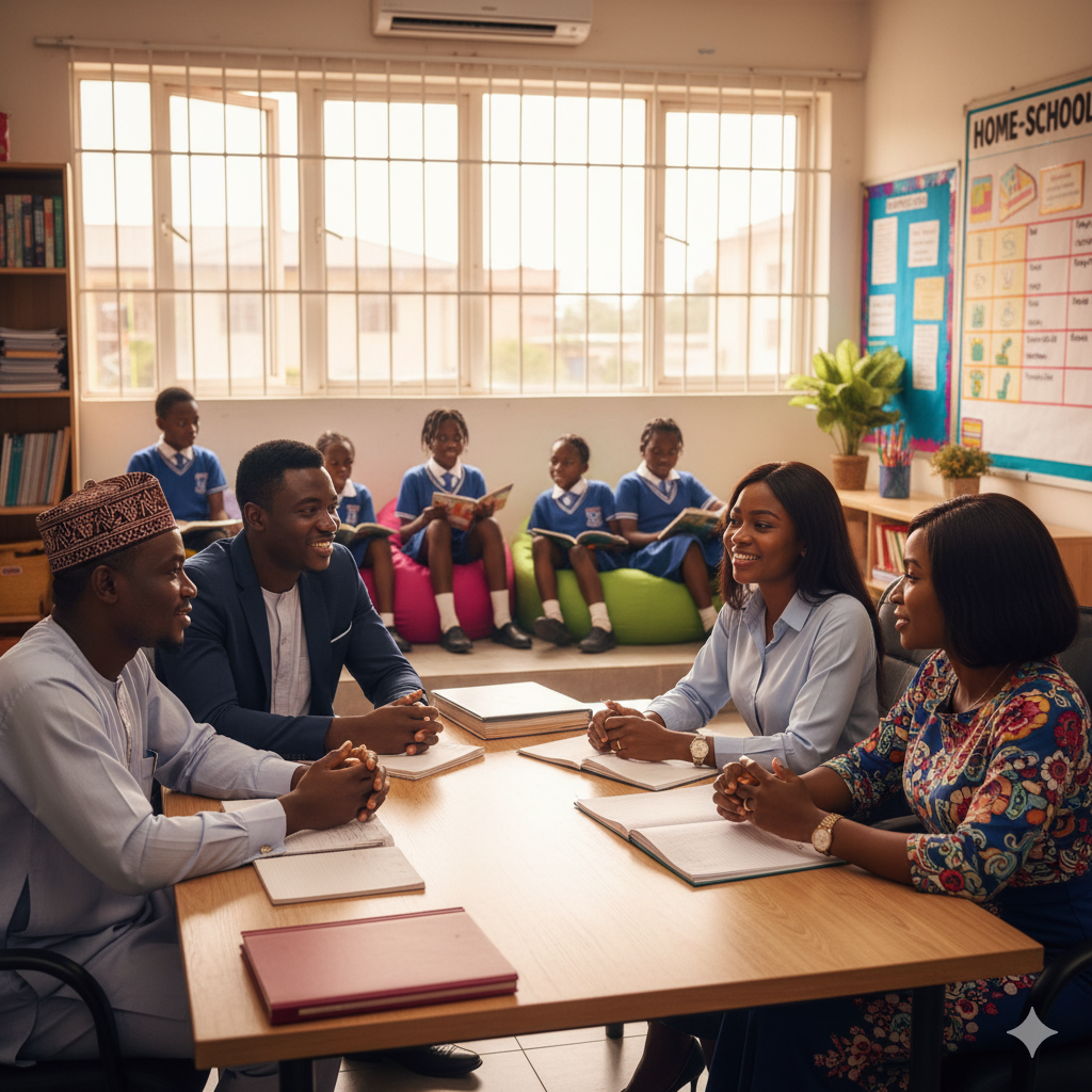 A photorealistic image of parents and teachers at Verbum Dei Academy collaborating to support pupils’ education, highlighting the importance of the home-school connection.
