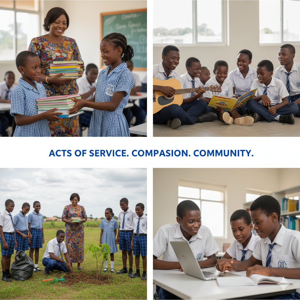 Nigerian students at Verbum Dei schools practicing responsibility through assignments and duties, and showing integrity through honesty, decision-making, and respectful interactions.