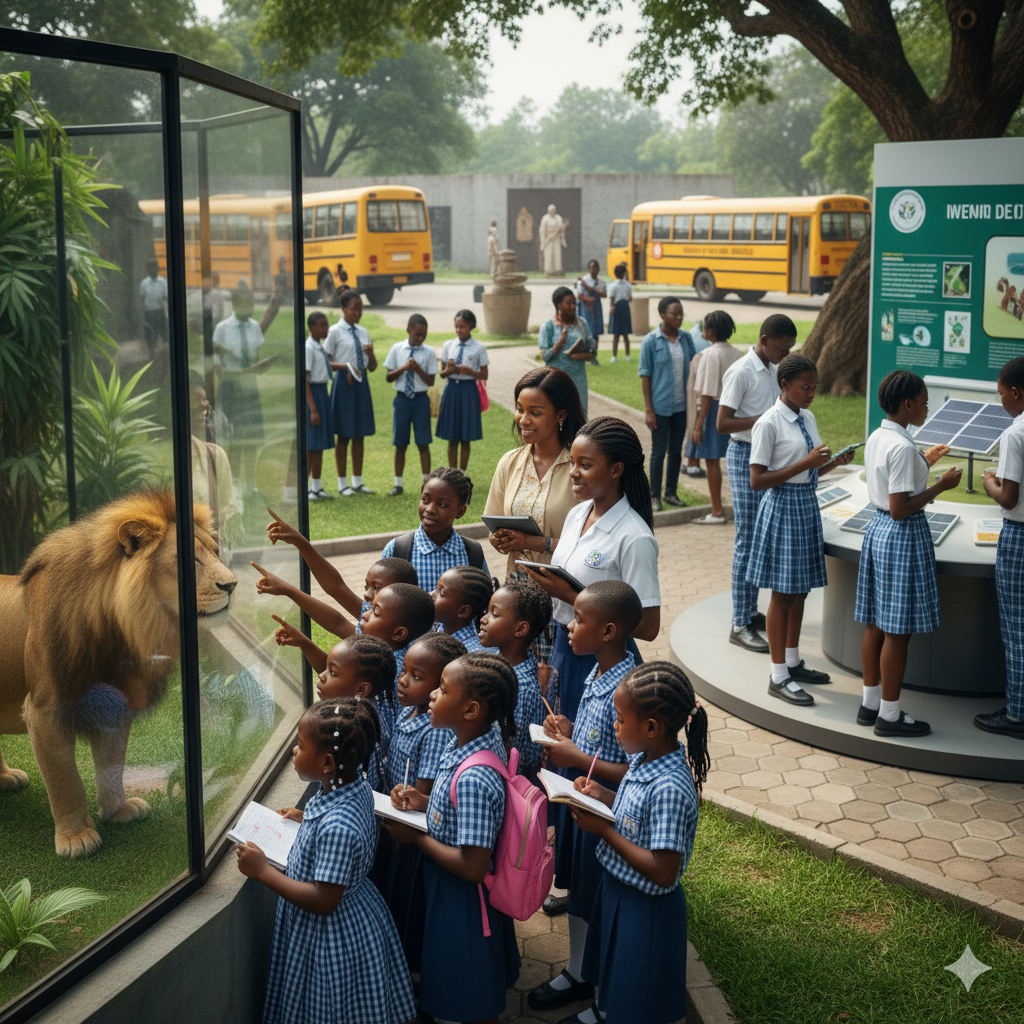 Photorealistic image of Verbum Dei students on a field trip, exploring a zoo and science exhibits under teacher supervision while actively learning outside the classroom.