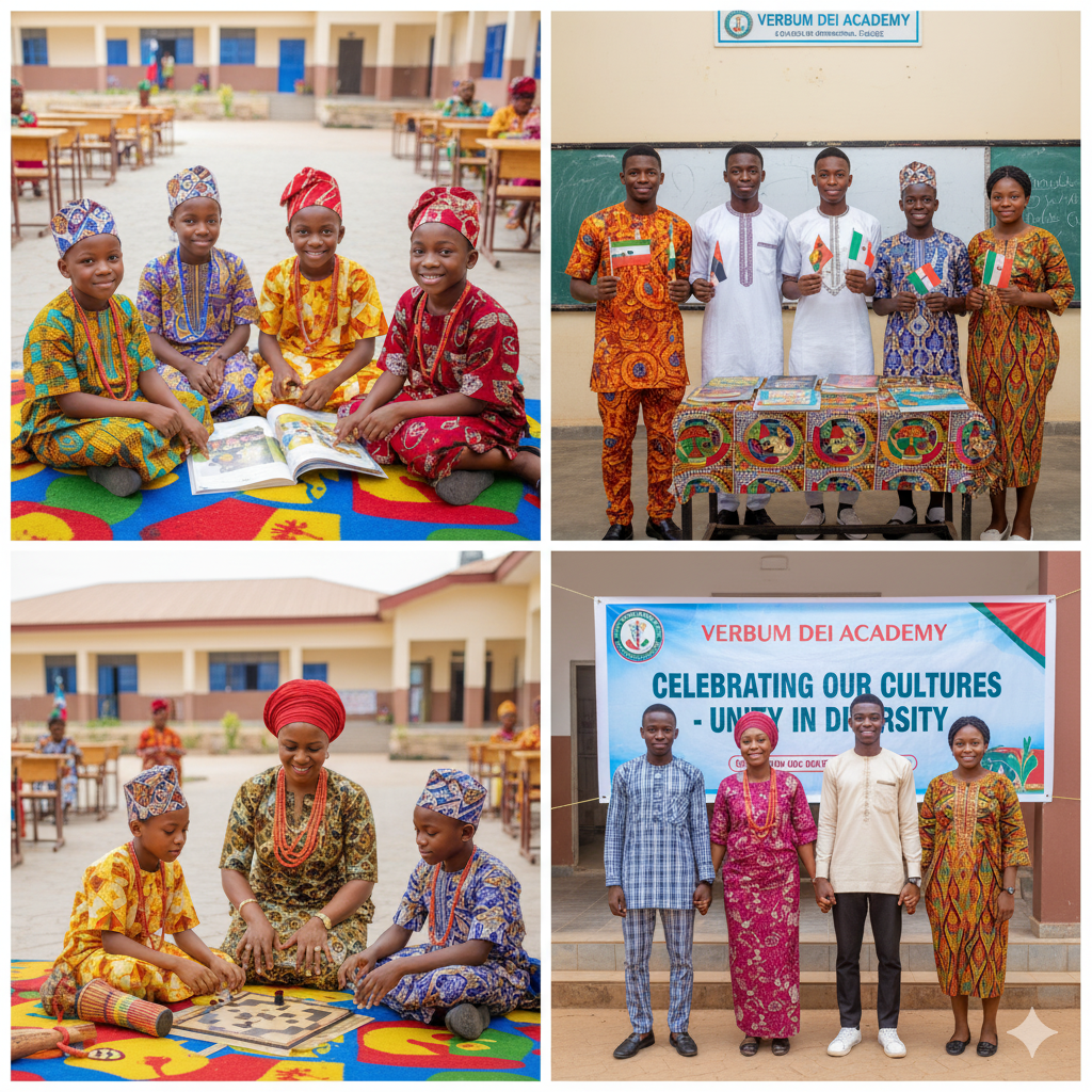 Nigerian pupils and students at Verbum Dei schools celebrating cultural diversity and inclusion through traditional attire, shared activities, and cultural displays.
