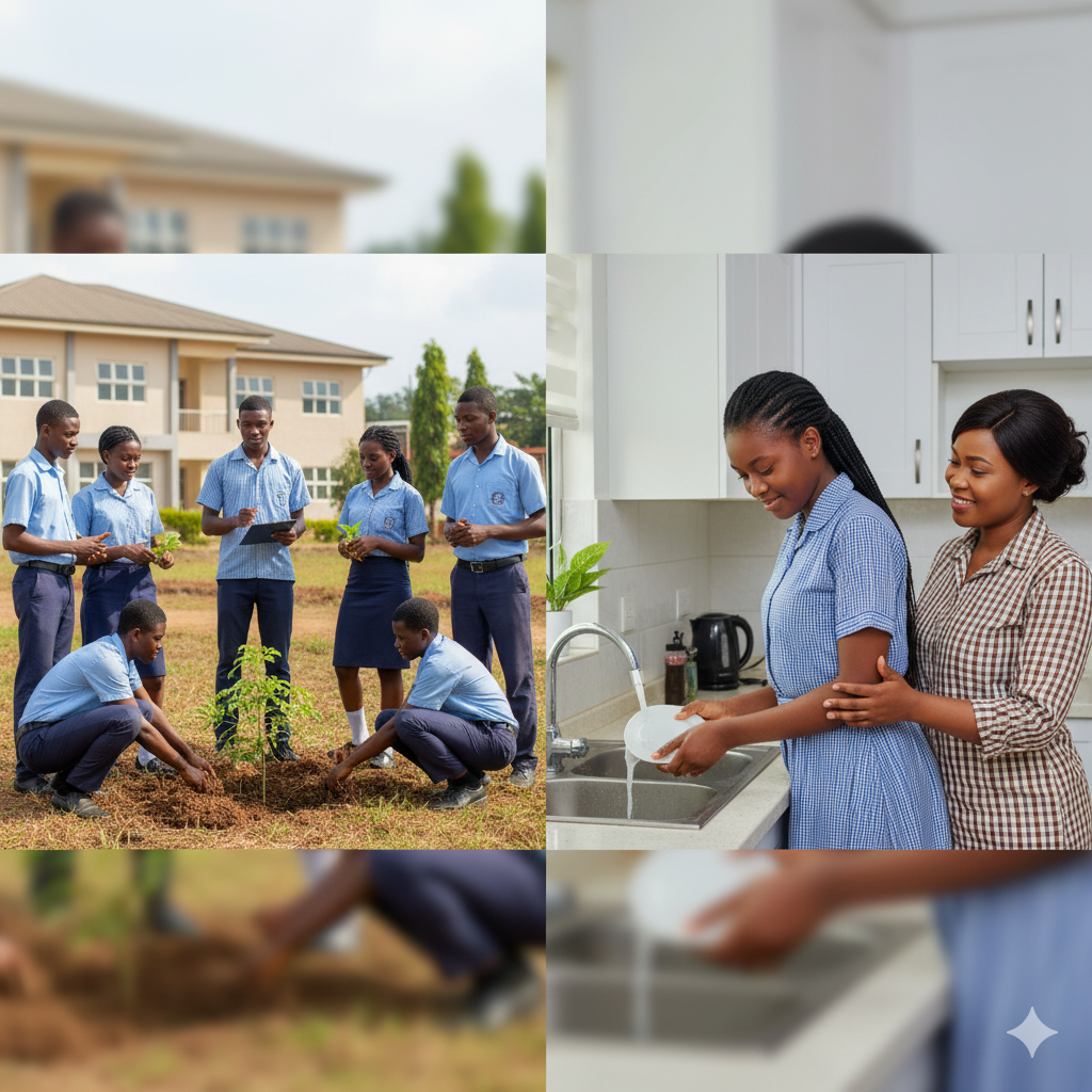 A photorealistic image of teenagers demonstrating responsibility through school leadership and helping with family responsibilities at home.