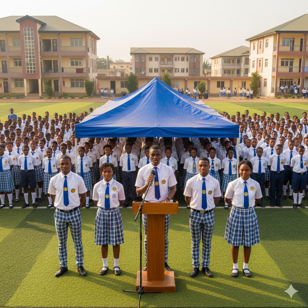 Prefects at Verbum Dei International College serving as role models and leaders during a school assembly.