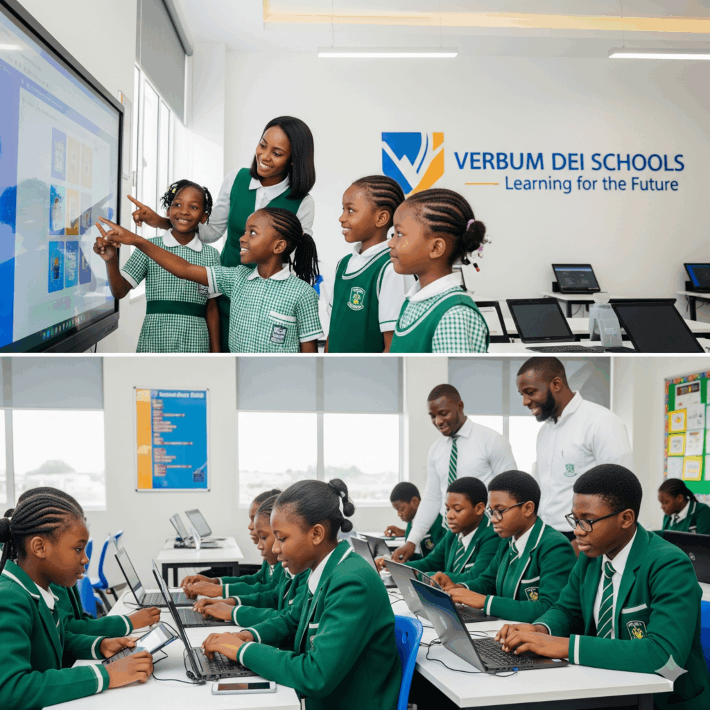 a professional, realistic photo-style image of Nigerian pupils and students using modern technology at Verbum Dei Schools.