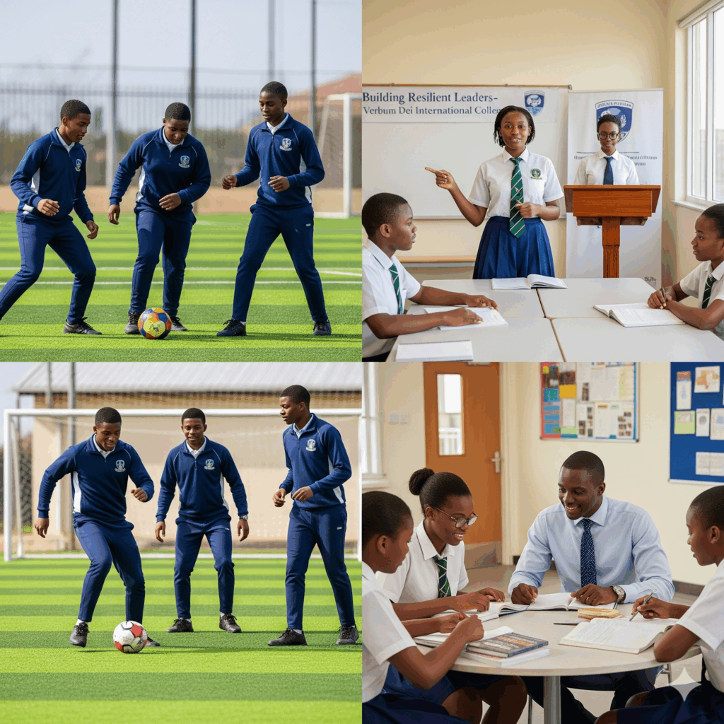 a professional, realistic photo-style image of Nigerian secondary school students at Verbum Dei International College demonstrating resilience.