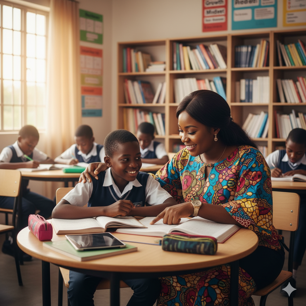 Photorealistic scene of a Verbum Dei teacher mentoring a student, offering guidance and encouragement in a supportive classroom setting.