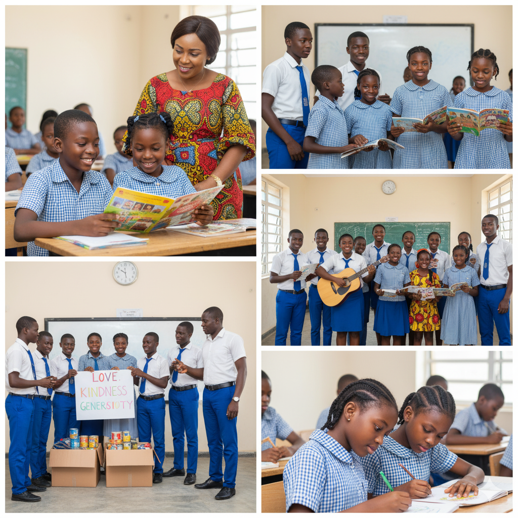 Nigerian students at Verbum Dei schools practicing service and giving back through community projects, charity drives, classroom kindness, and peer mentoring.