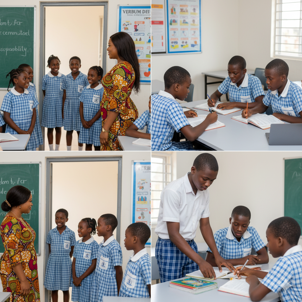 Nigerian students at Verbum Dei schools showing respect to teachers and working responsibly together, reflecting core values of discipline and character formation.