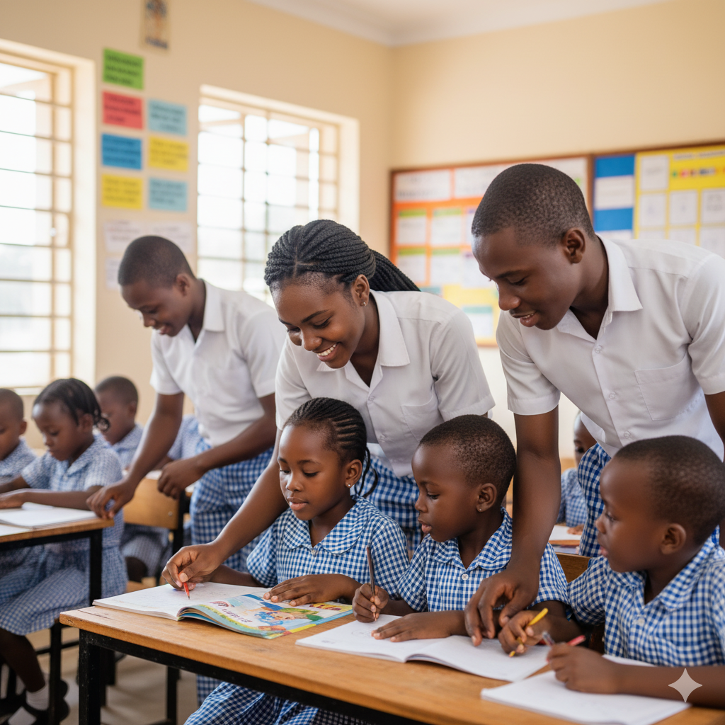 Older students at Verbum Dei Academy and International College mentoring younger pupils through study and activities.