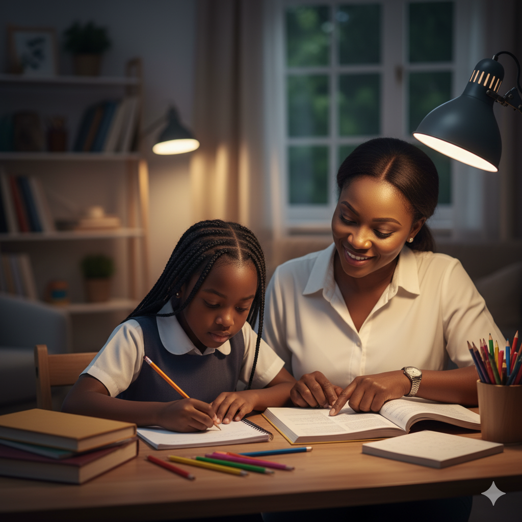 Photorealistic image of a Nigerian parent guiding a child during homework without doing it for them, showing responsibility and independence.