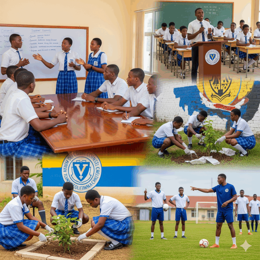 Teenage students at Verbum Dei International College, Owerri, Nigeria, actively participating in leadership training through debates, teamwork, sports, and service activities.
