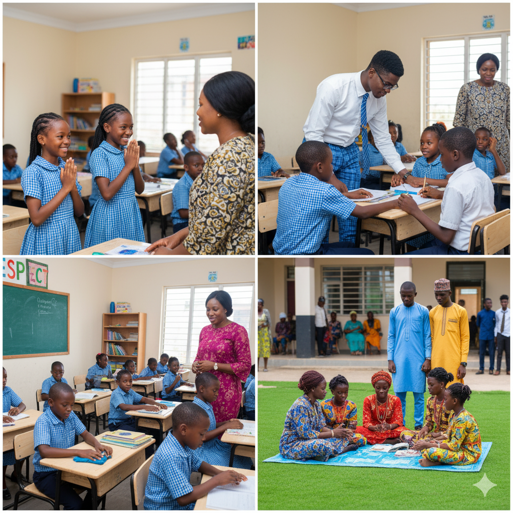 Nigerian students at Verbum Dei schools showing respect by greeting teachers, supporting peers, and caring for school property in a harmonious classroom environment.