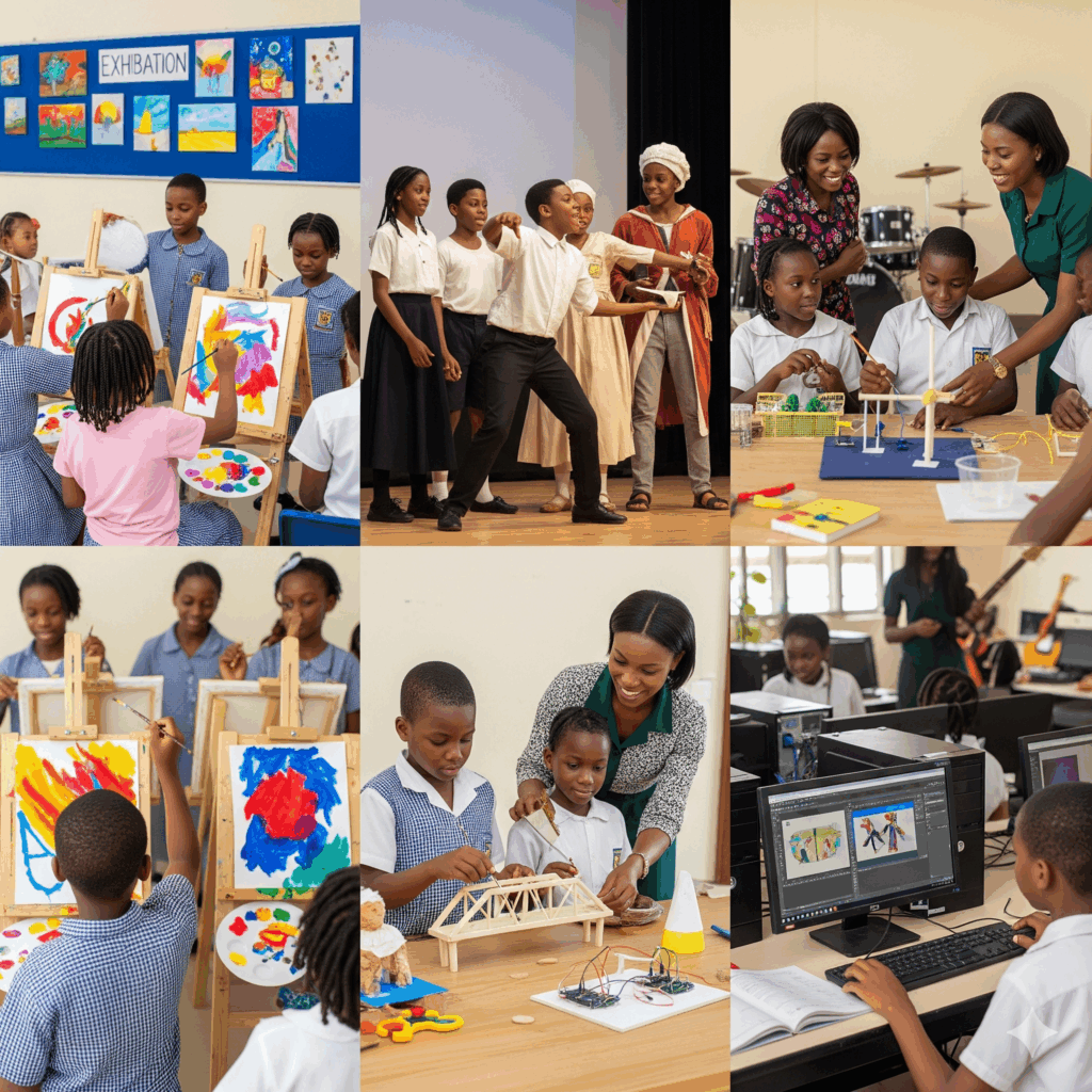 Pupils of Verbum Dei Academy in Owerri, Imo State, Nigeria, showcasing creativity through painting, drama, science projects, and technology in a lively classroom guided by supportive teachers.