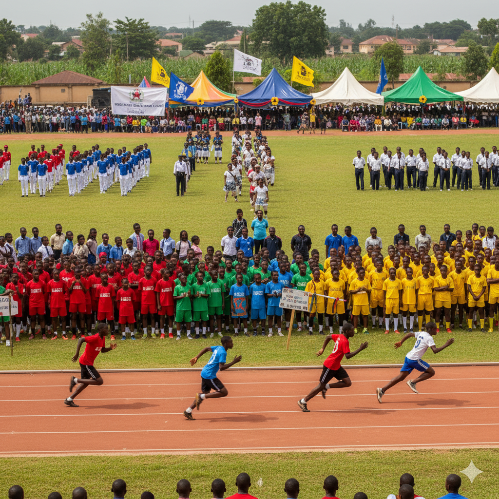 Photorealistic image of students at Verbum Dei Inter-House Sports, competing in races and cheering in colorful uniforms, with parents and teachers watching from the stands.