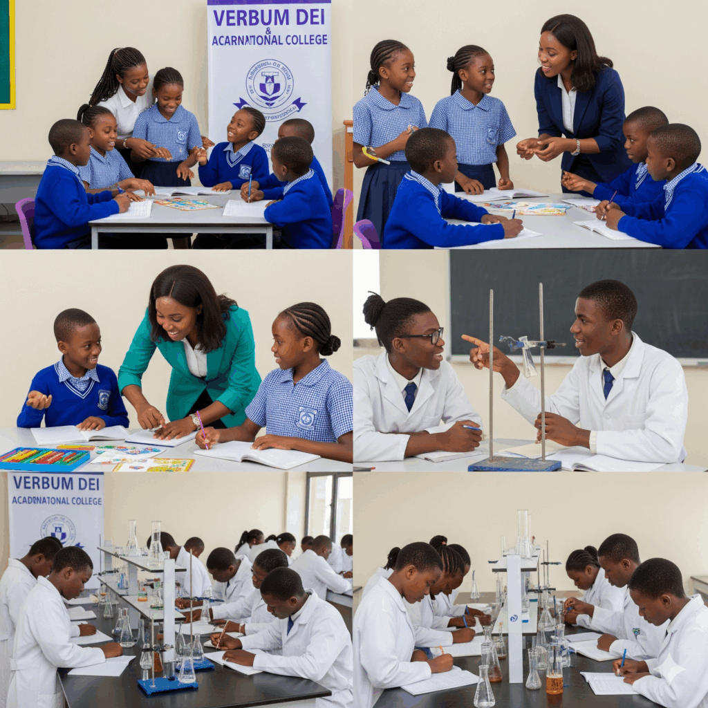 a professional, realistic photo of Nigerian pupils and students at Verbum Dei Academy and International College engaged in academic activities.