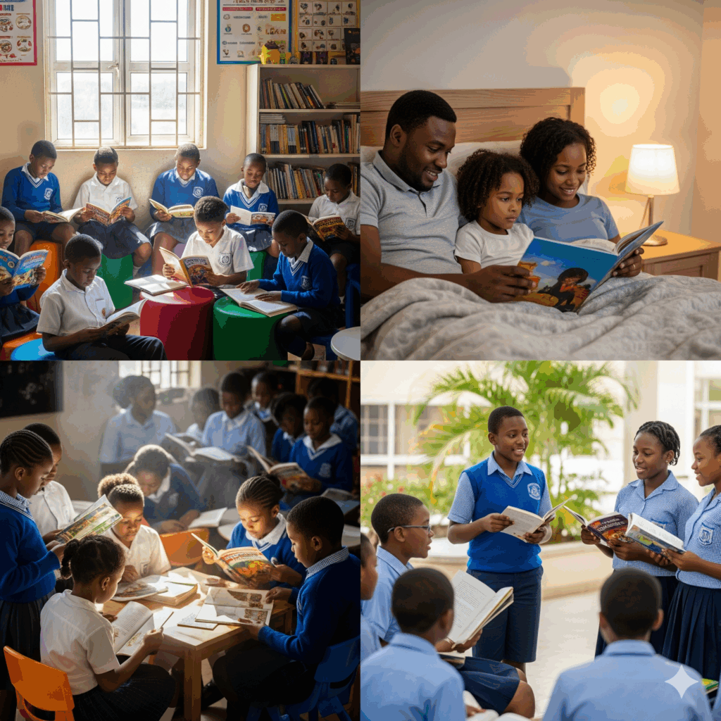 Students and parents of Verbum Dei Academy and Verbum Dei International College, Owerri, Nigeria, reading books together at school and at home to build a strong reading culture.