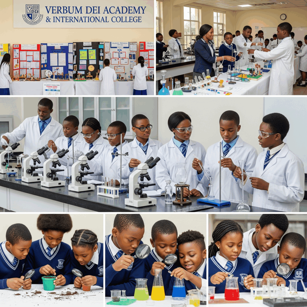 a professional, realistic photo of Nigerian pupils and students at Verbum Dei Academy and International College engaged in science activities.