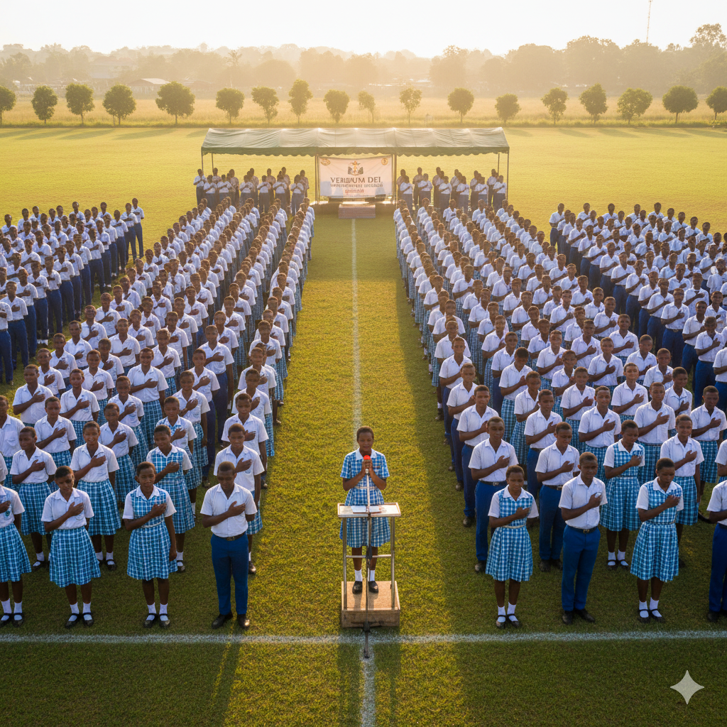 Students at Verbum Dei Academy and International College participating in a morning assembly with prayers, songs, and school rituals.