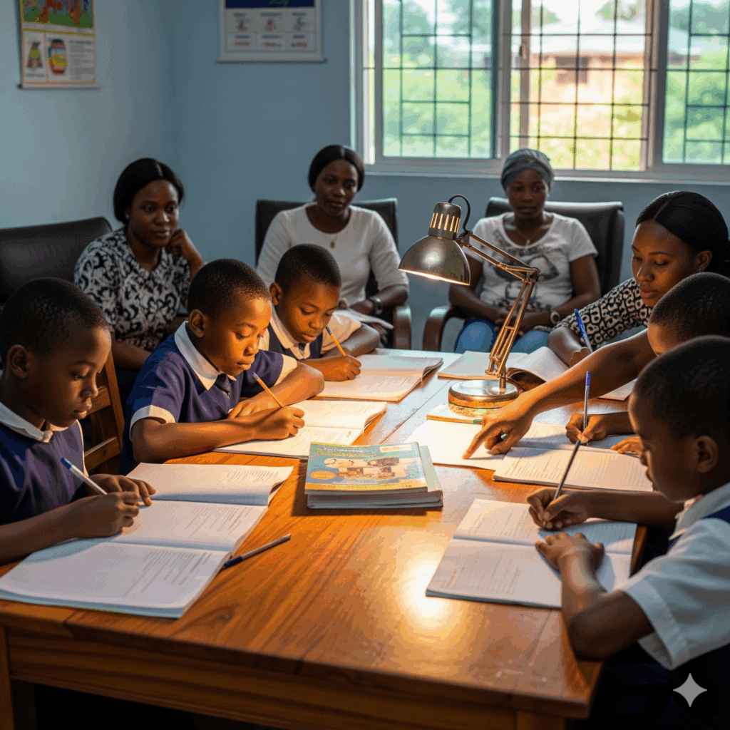 Students from Verbum Dei Academy and Verbum Dei International College in Owerri, Nigeria, completing homework at home with supportive parents guiding them in a calm study environment.