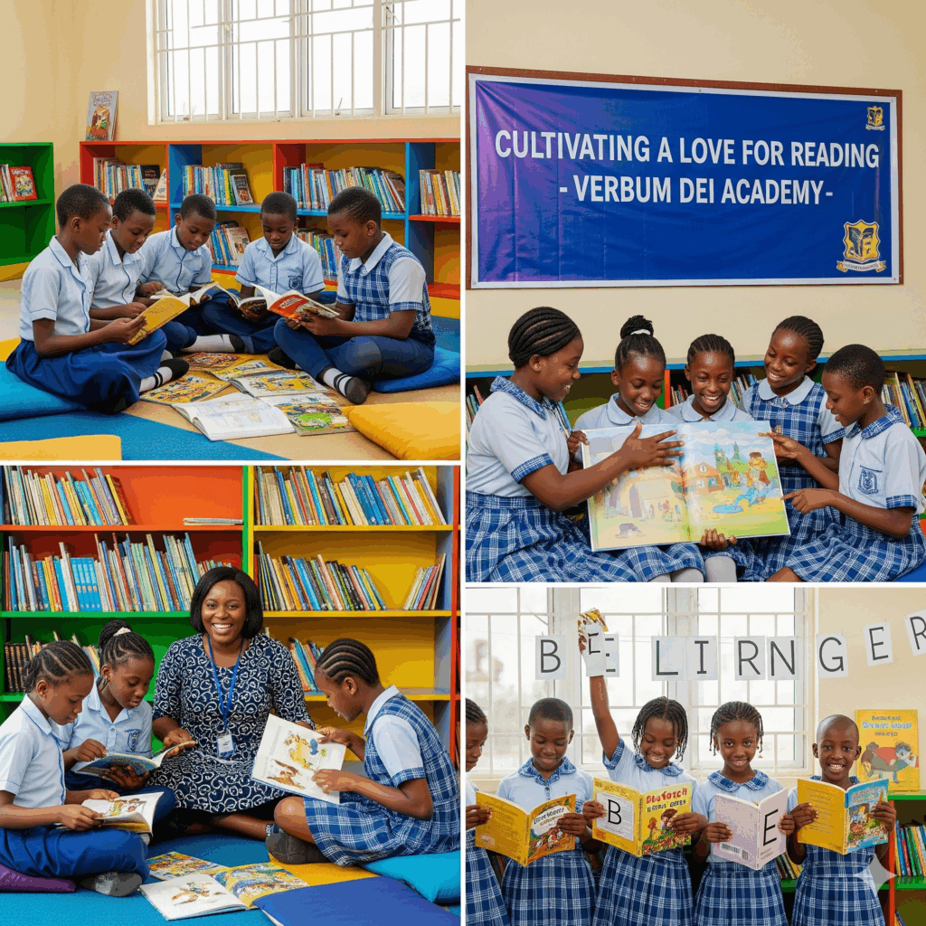 a professional, realistic photo-style image of Nigerian pupils at Verbum Dei Academy enjoying reading activities.
