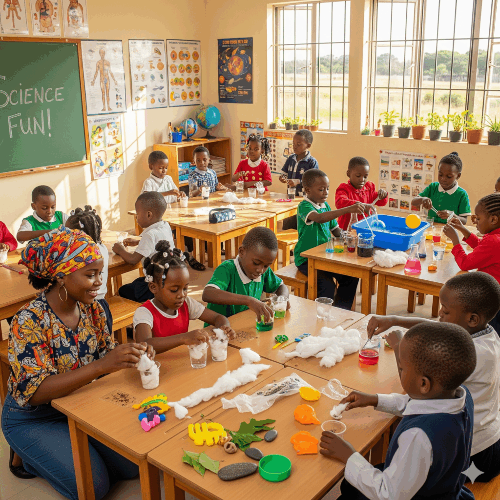 Pupils at Verbum Dei Academy in Owerri, Imo State, Nigeria, actively participating in hands-on science experiments with the guidance of their teacher, creating a fun and interactive learning environment.