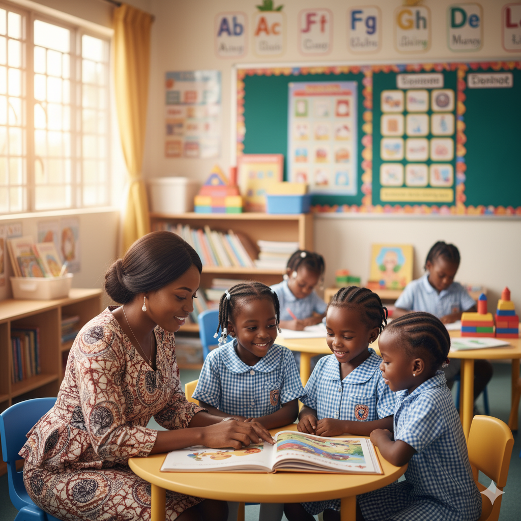 Photorealistic image of a Verbum Dei Academy teacher engaging warmly with students in a classroom, symbolizing dedication, mentorship, and holistic education.