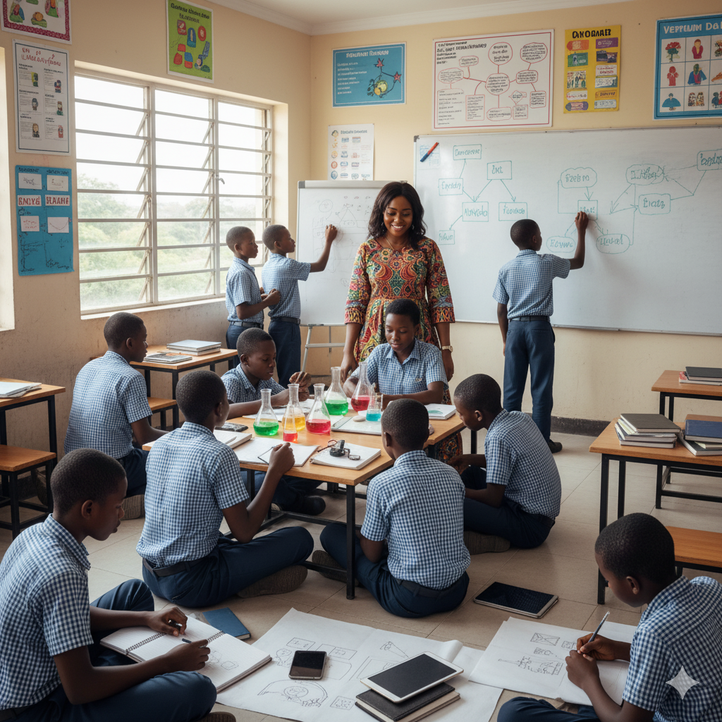 Vibrant classroom at Verbum Dei Academy where students explore creativity through projects, discussions, and art-infused learning, guided by an encouraging teacher.