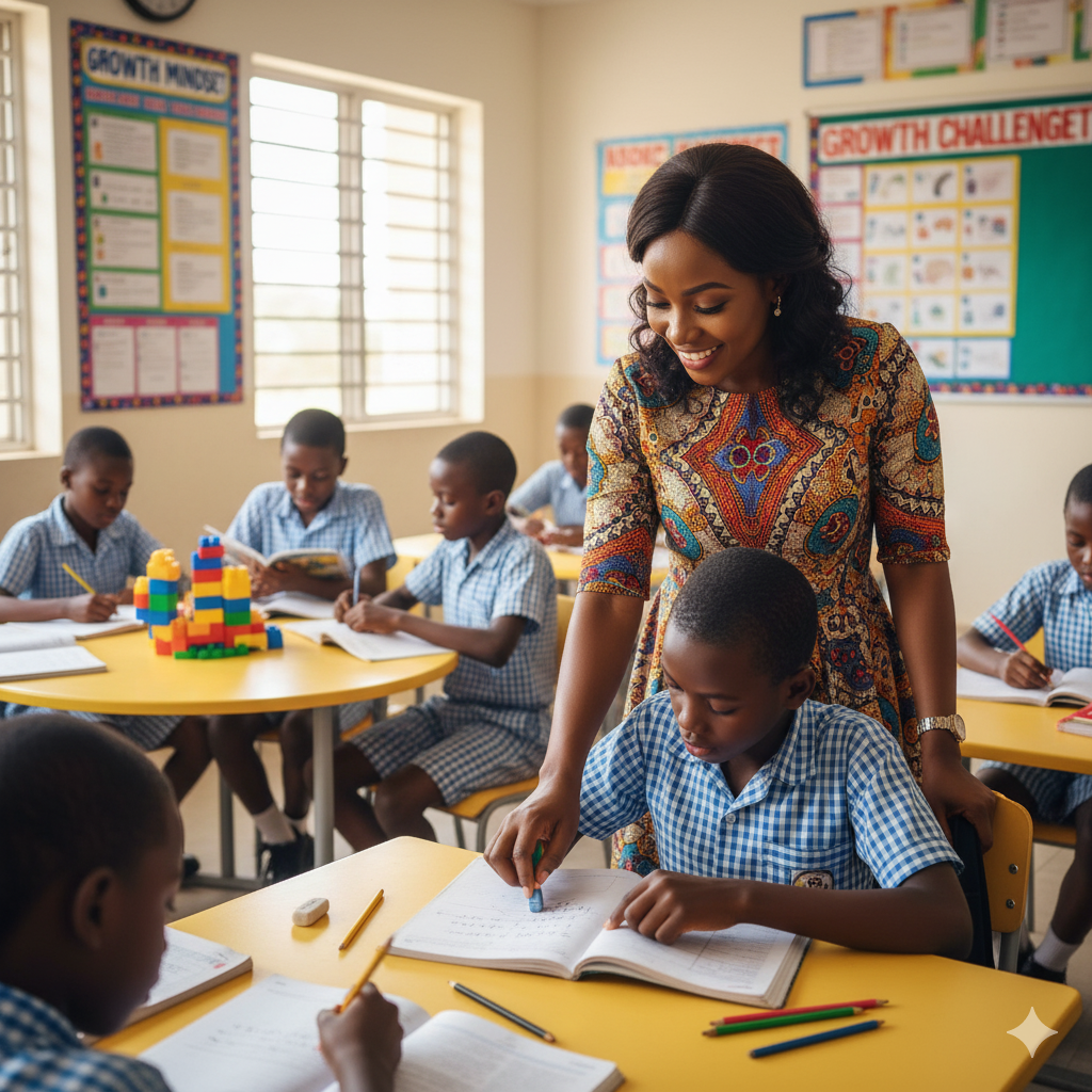 Photorealistic classroom at Verbum Dei Academy where a teacher encourages a student to persist through challenges, promoting resilience, perseverance, and a growth mindset.