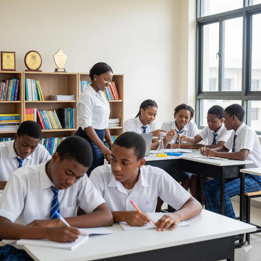 Students of Verbum Dei International College studying diligently in a classroom, demonstrating academic excellence and integrity through honest learning and teamwork.