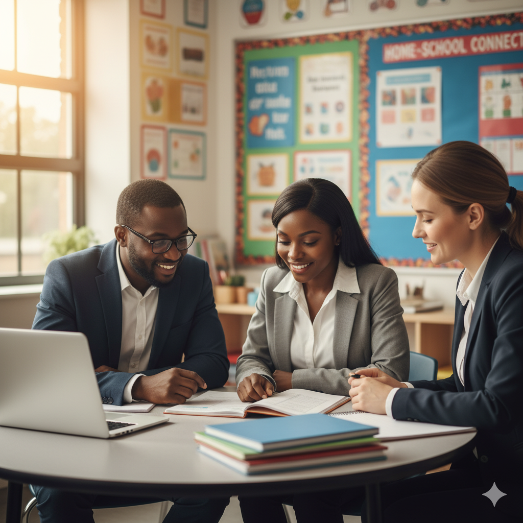 Photorealistic image of parents and teachers at Verbum Dei Open Day, discussing a student’s academic progress in a collaborative setting.