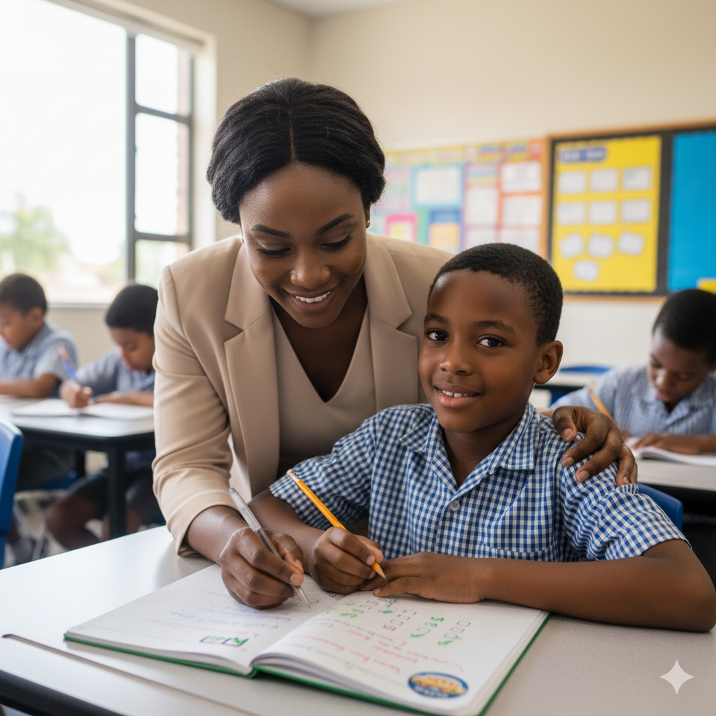Photorealistic image of a teacher at Verbum Dei giving constructive feedback to a student in class, fostering confidence and growth.