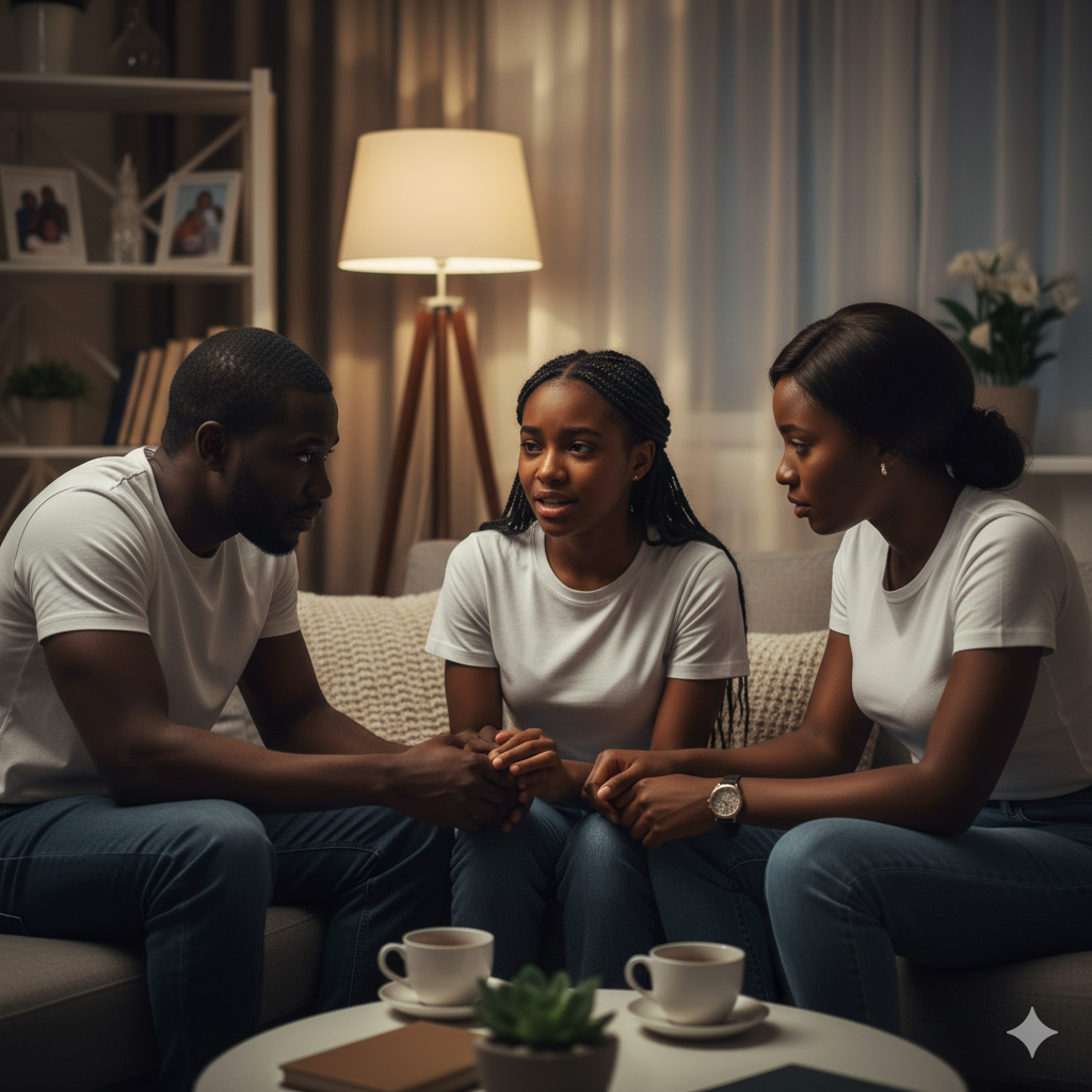A photorealistic image of a Nigerian teenager sharing feelings with supportive parents at home, highlighting the importance of emotional well-being for confidence, resilience, and academic success.