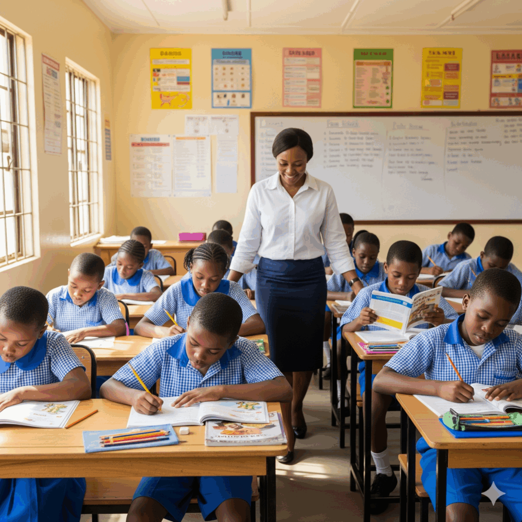 Primary school pupils at Verbum Dei Academy, Owerri, Nigeria, working on homework in a bright classroom with supportive teacher guidance.