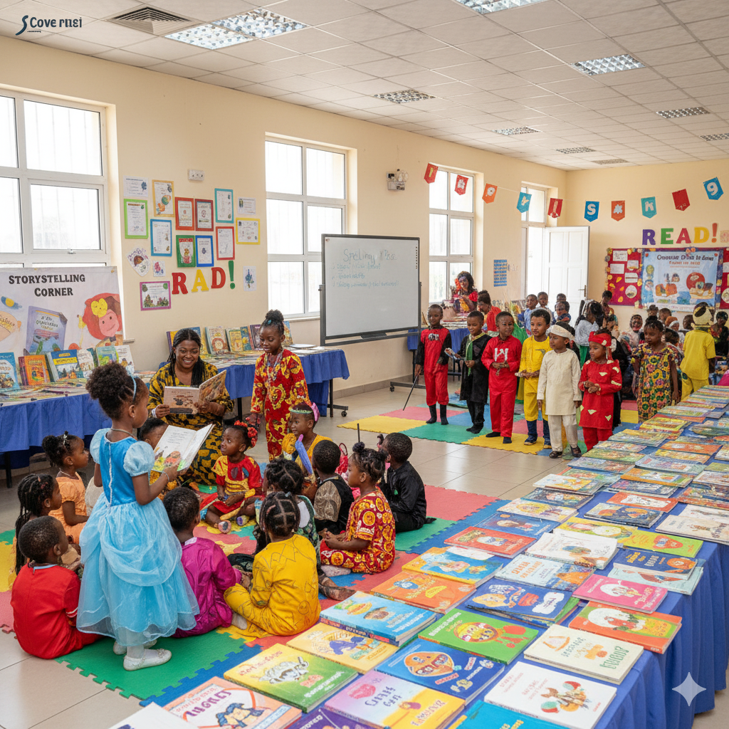 Photorealistic image of Verbum Dei Academy pupils dressed as storybook characters during Literacy and Reading Day, with storytelling sessions, spelling bee competitions, and a colorful book fair.
